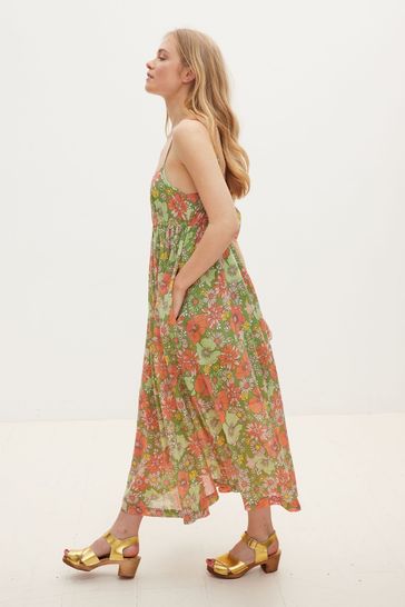 Oliver Bonas Green Fuzzy Floral Print Strappy Midi Dress