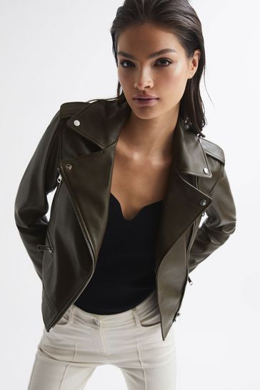 Reiss Green Santiago Leather Biker Jacket