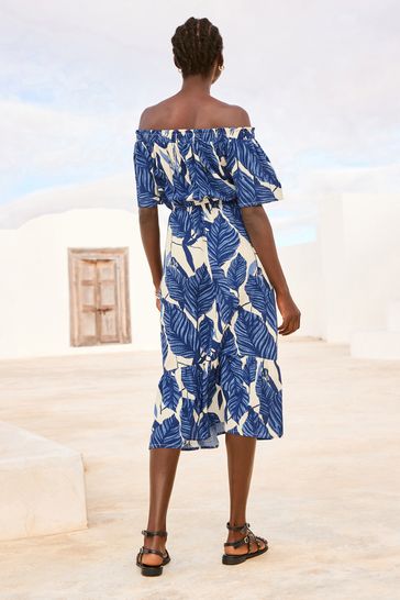 Buy Blue Leaf Off Shoulder Midi Summer Dress from Next