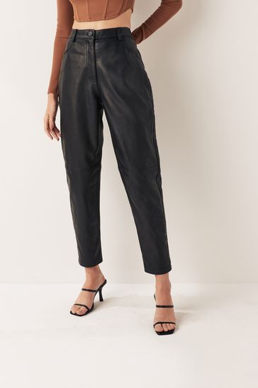 Urban Code Black Curve High Waisted Straight Leg Leather Trousers