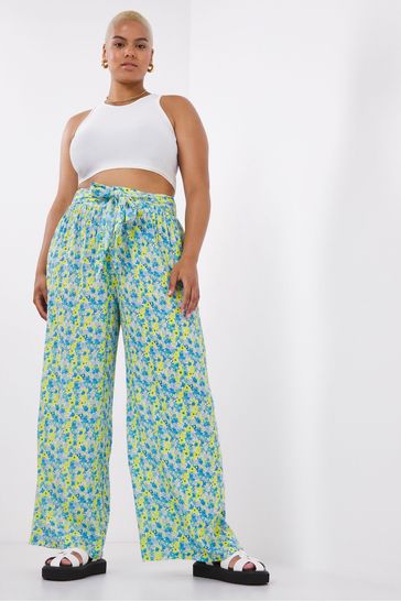 Simply Be Green Ditsy Print Crinkle Tie Waist Trousers