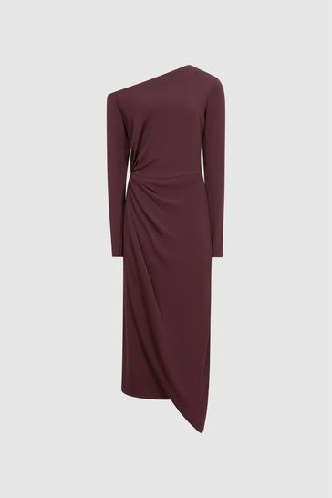 Burgundy one shoulder sales draped midi dress