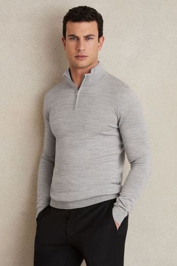 Reiss Soft Grey Mouline Blackhall Merino Wool Half-Zip Funnel Neck Jumper