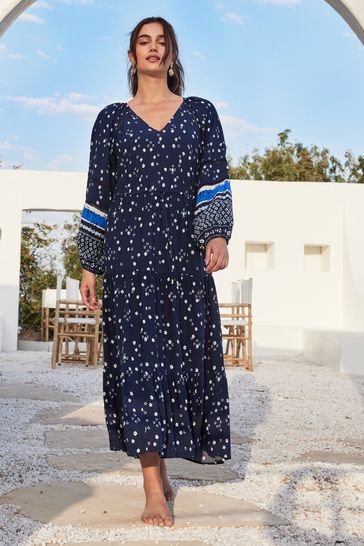 Buy Navy Blue Ditsy Long Sleeve Maxi Dress from Next Luxembourg