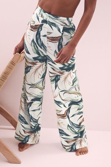 Buy White Floral Elasticated Waist Full Length Wide Leg Trousers from Next Luxembourg