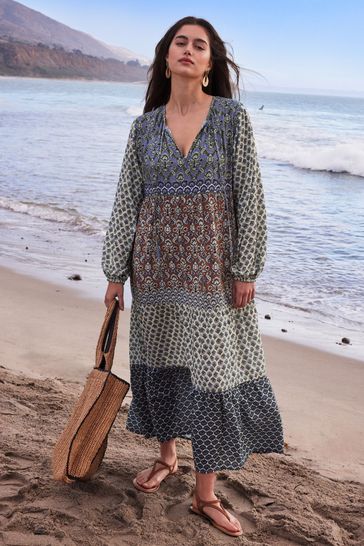 White Blue Woodblock Long Sleeve Midi Summer Dress