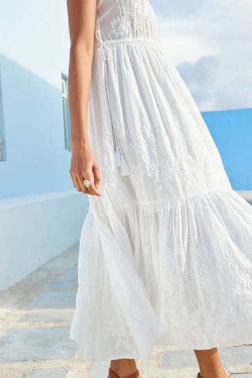 Buy White Embroidered Cotton V Neck Tiered Midi Summer Dress from Next Luxembourg
