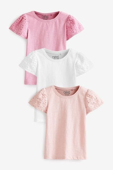 Pale Pink Broderie Sleeve T-Shirts 3 Pack (3mths-7yrs)