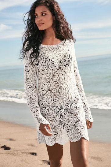 Buy Cream Slash Neck Crochet Beach Cover Up from Next Estonia