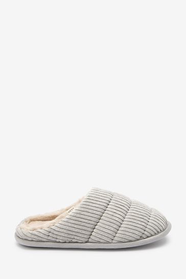 Grey Quilted Corduroy Mule Slippers
