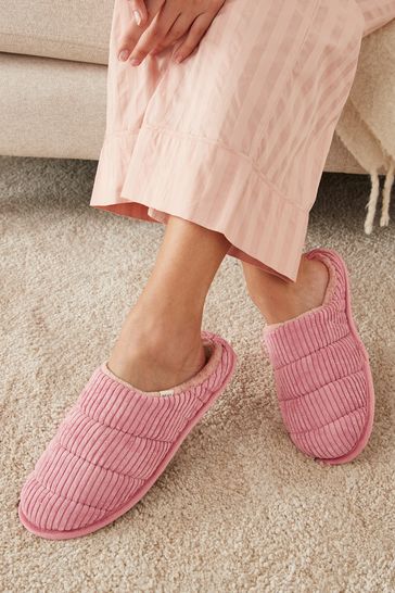 Pink Quilted Corduroy Mule Slippers