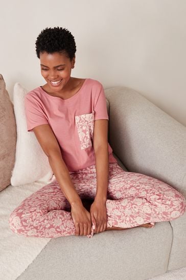 Coral Pink Floral Cotton Short Sleeve Pyjamas