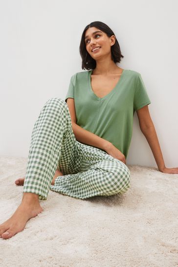 Green Gingham Print Cotton Short Sleeve Pyjamas