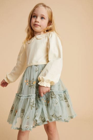 Laura Ashley Green/Ecru Newborn Embroidered Jersey Dress