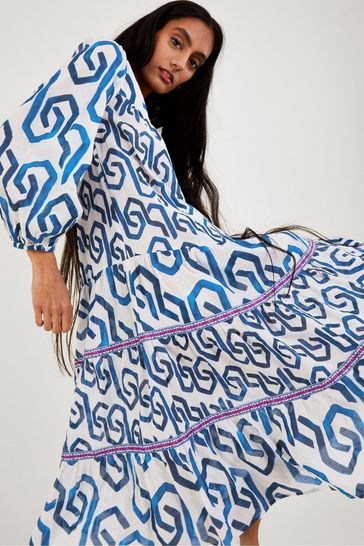 Buy Monsoon Blue Geometric Print Kaftan Dress in Sustainable
