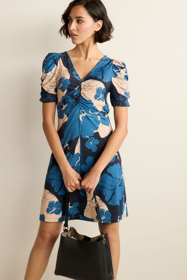 Navy Blue Floral Ruched V-Neck Short Sleeve Midi Tea Dress