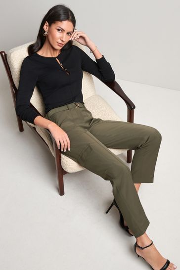Khaki belted trousers discount