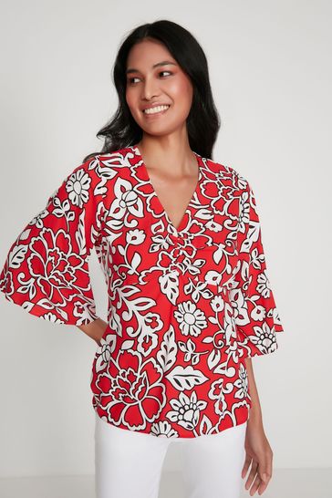 M&Co Red Floral Ruched Top