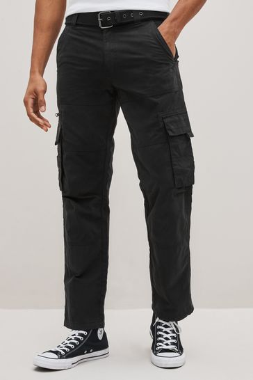 Black Relaxed Belted Tech Cargo Trousers