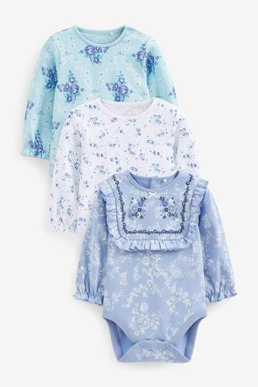 Blue Floral Baby Long Sleeve Bodysuits 3 Pack