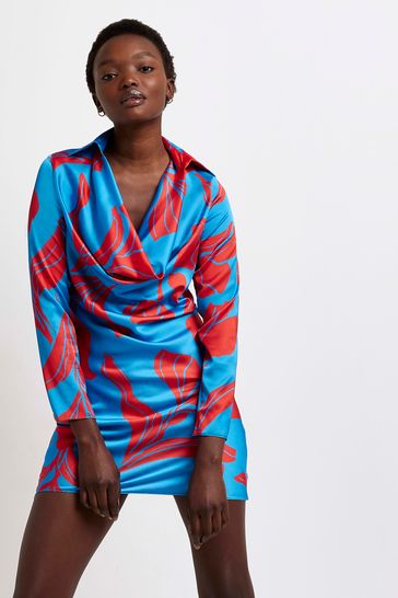Buy River Island Blue Blake Satin Cowl Shirt Dress from Next
