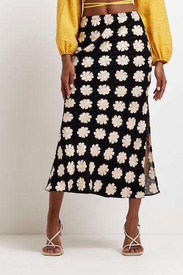 River Island Black Floral Print Bias Waist Midi Skirt