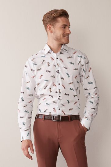 White Dragonfly Regular Fit Single Cuff Printed Trimmed Shirt