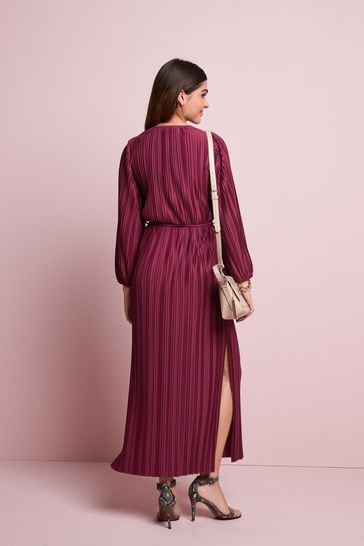 Buy Berry Red Plisse Long Sleeve Dress from Next Luxembourg