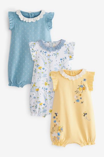 Blue lemon yellow Floral Baby Jersey Rompers 3 Pack