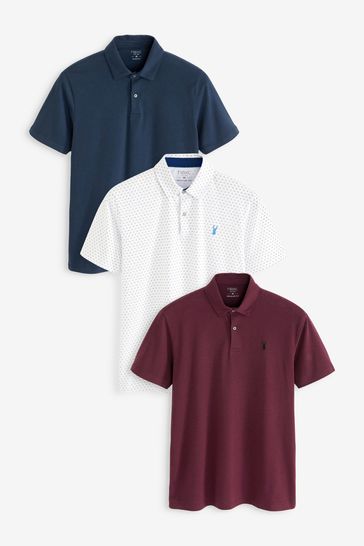 White/Navy Blue/Burgundy Red Geo Pattern Jersey Polo Shirts 3 Pack