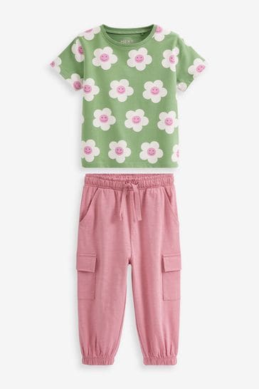 Green/Purple Floral 2 Piece Short Sleeve Top and Cargo Trousers Set (3mths-7yrs)