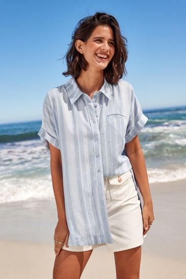 Blue button up short sleeve 2025