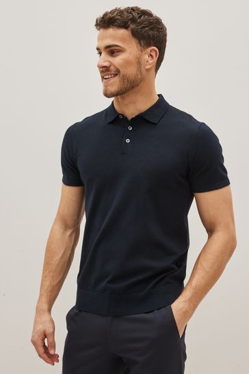 Navy Blue Short Sleeved Knitted Polo Shirt