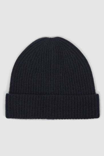 Reiss Navy Clyde Ribbed Cashmere Beanie Hat