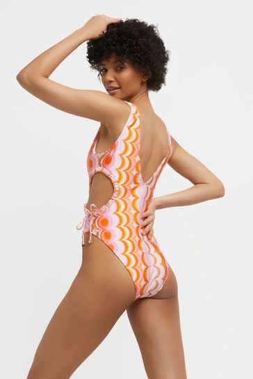 River Island Orange Print Plunge Cut Out Swimsuit