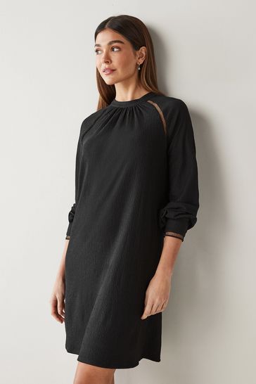 Black Long Sleeve Lace Trim Mini Dress