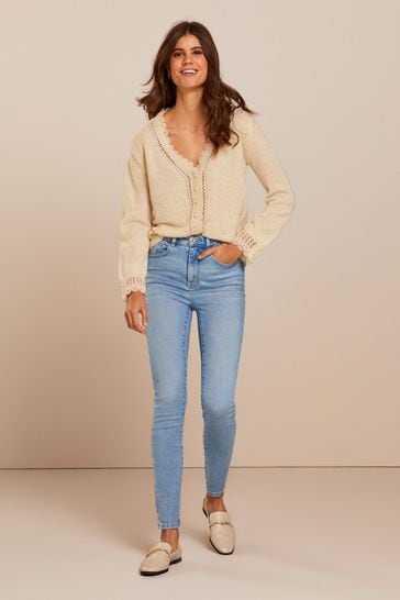 Ecru Cream Scallop Detail Lace Trim Cardigan