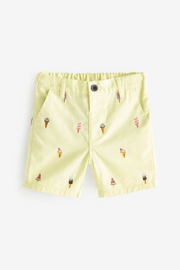 Lemon Yellow Ice Cream Embroidered Chino Shorts (3mths-7yrs)