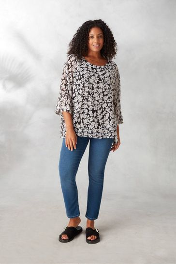 Live Unlimited Curve Black Floral Chiffon Overlay Top