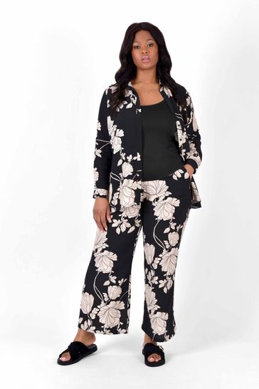 Live Unlimited Curve Black Floral Woven Print Trousers With Pockets