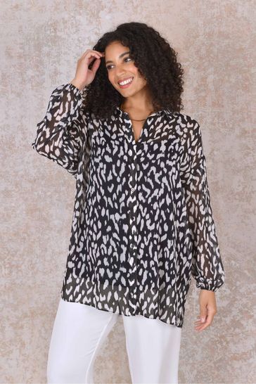 Live Unlimited Curve Print Blouson Sleeve Black Chiffon Shirt