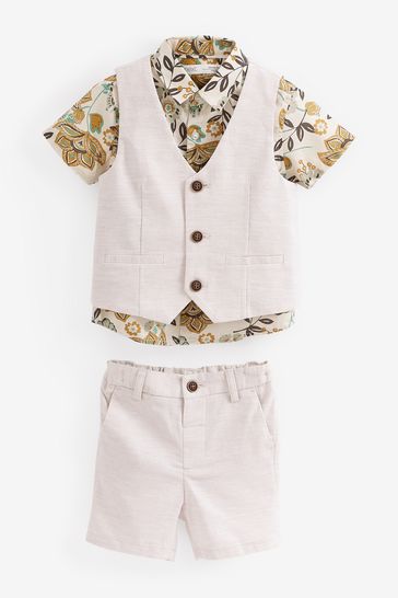 Ecru Tropical Print 3pc Waistcoat, Shirt & Shorts Set (3mths-9yrs)