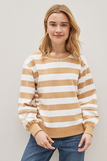 Tan Brown/Ecru White Stripe Drop Shoulder Stitch Detail Sweatshirt