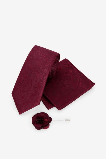 Burgundy Red Wide Tie With Pocket Square And Lapel Pin Set