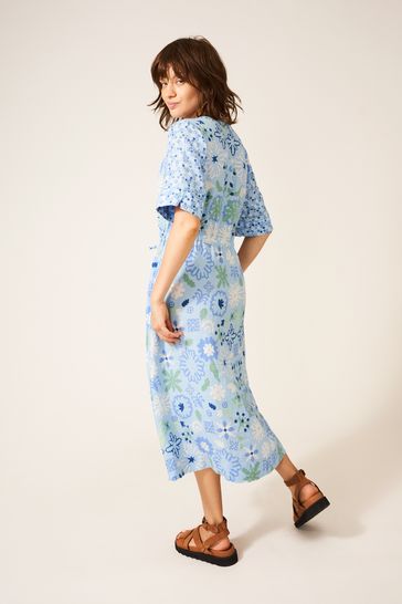 Blue and top white linen dress
