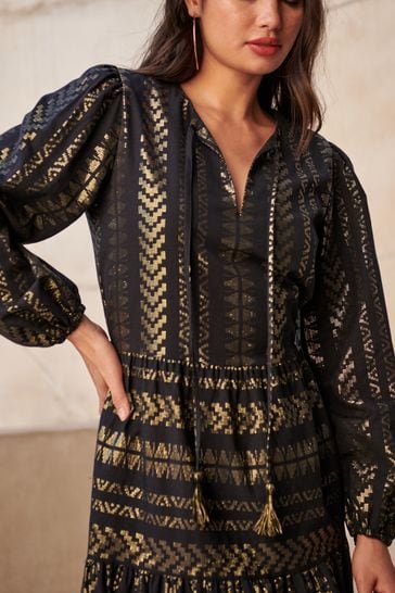 Buy Black Gold Jacquard Kaftan Style Midi Dress from Next Latvia
