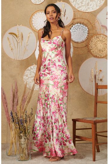 Hope and Ivy Pink Cowl Front Satin Maxi Dress With Cami Strap
