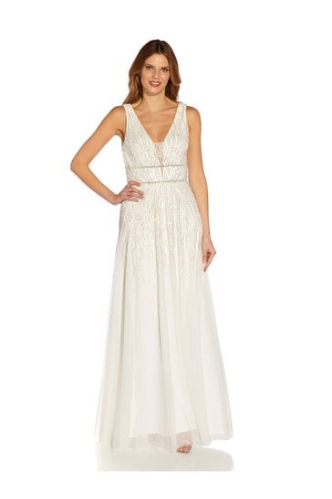 Adrianna Papell White Beaded Mesh Chiffon Gown