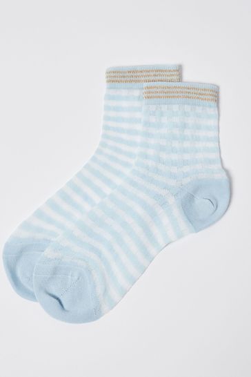 Oliver Bonas Blue Sheer Gingham And Gold Stripe Ankle Socks