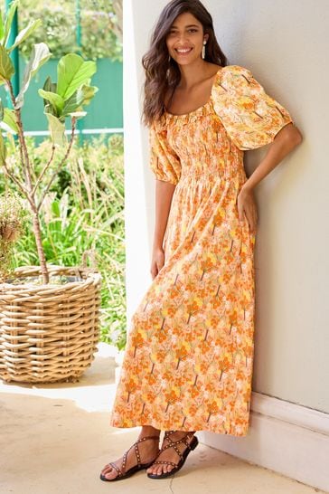 Square collar printed puff sleeve midi dress hotsell